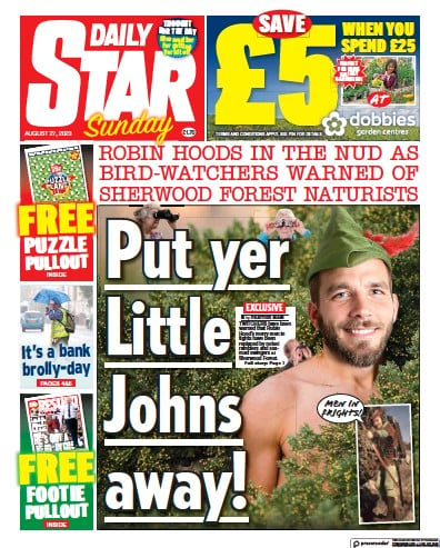 Daily Star Sunday (UK) Newspaper Front Page for 3 September 2023