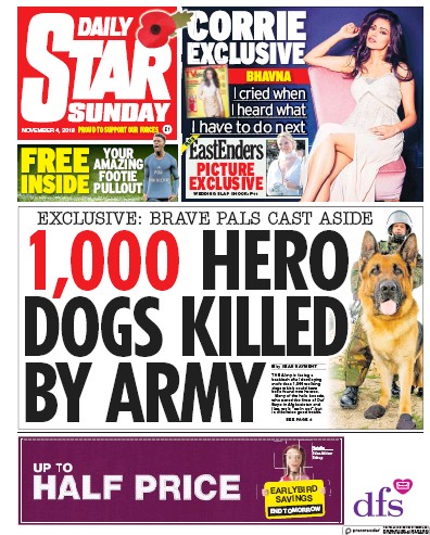 Daily Star Sunday Newspaper Front Page for 4 November 2018