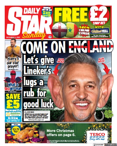 Daily Star Sunday Newspaper Front Page for 4 December 2022