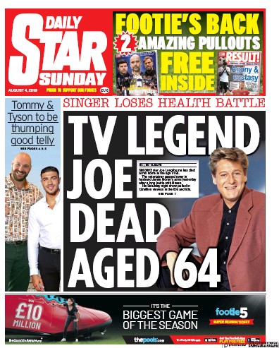Daily Star Sunday Newspaper Front Page for 4 August 2019