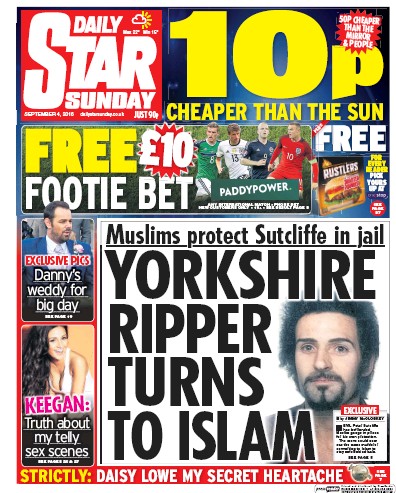Daily Star Sunday Newspaper Front Page for 4 September 2016