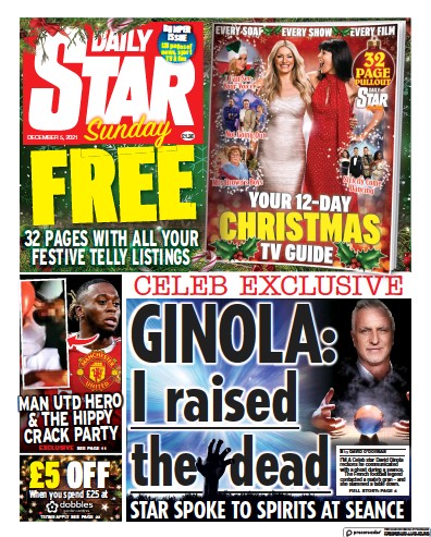 Daily Star Sunday (UK) Newspaper Front Page for 5 December 2021