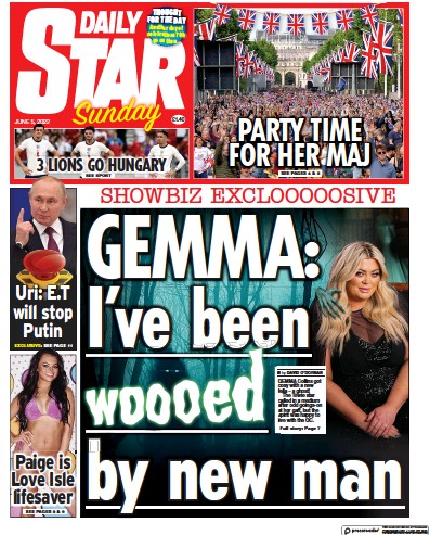 Daily Star Sunday (UK) Newspaper Front Page for 5 June 2022