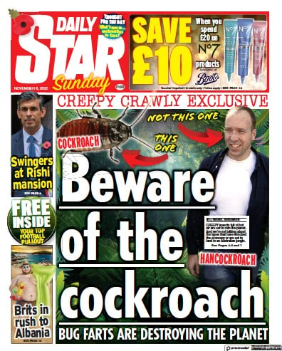 Daily Star Sunday (UK) Newspaper Front Page for 6 November 2022