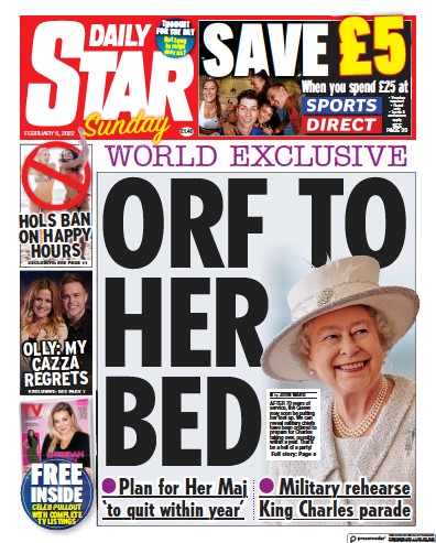 Daily Star Sunday (UK) Newspaper Front Page for 6 February 2022
