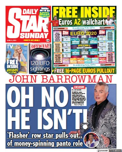 Daily Star Sunday (UK) Newspaper Front Page for 6 June 2021