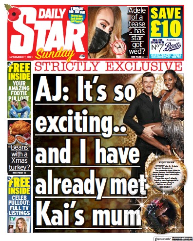 Daily Star Sunday (UK) Newspaper Front Page for 7 November 2021