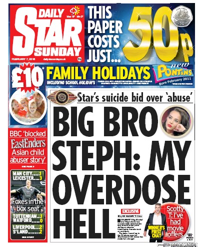 Daily Star Sunday Newspaper Front Page for 7 February 2016