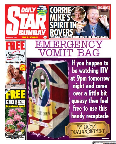 Daily Star Sunday (UK) Newspaper Front Page for 7 March 2021