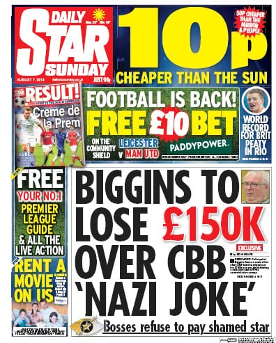 Daily Star Sunday Newspaper Front Page for 7 August 2016