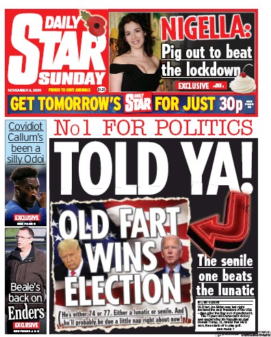 Daily Star Sunday Newspaper Front Page for 8 November 2020