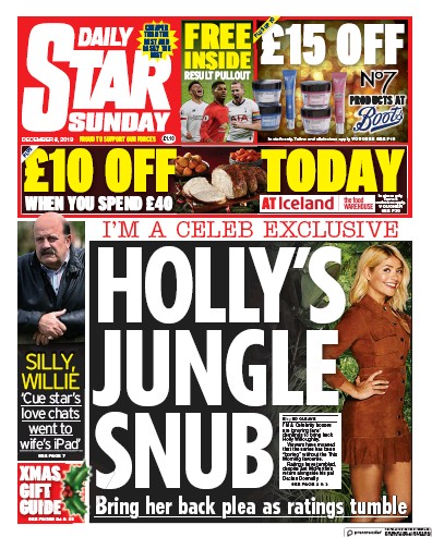 Daily Star Sunday (UK) Newspaper Front Page for 8 December 2019