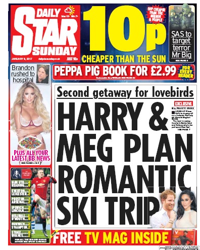 Daily Star Sunday (UK) Newspaper Front Page for 8 January 2017