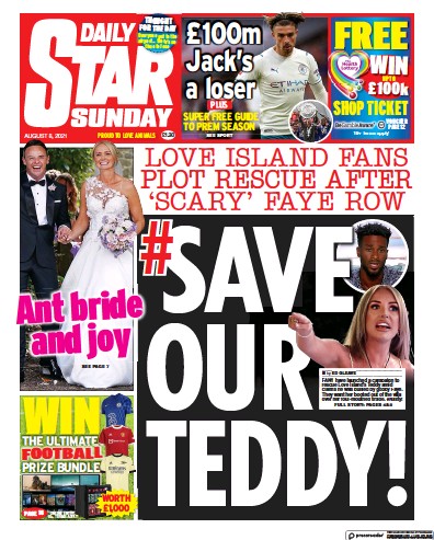 Daily Star Sunday (UK) Newspaper Front Page for 8 August 2021