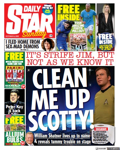 Daily Star Sunday (UK) Newspaper Front Page for 9 October 2022