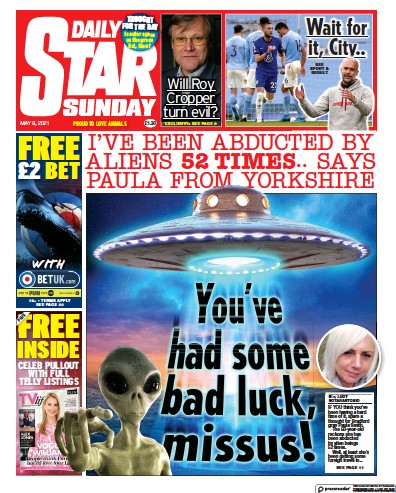 Daily Star Sunday (UK) Newspaper Front Page for 9 May 2021
