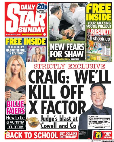 Daily Star Sunday (UK) Newspaper Front Page for 9 September 2018