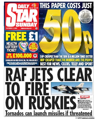 Daily Star Sunday Newspaper Front Page for 11 October 2015