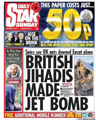 Daily Star Sunday Newspaper Front Page for 14 November 2015