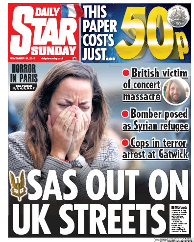 Daily Star Sunday (UK) Newspaper Front Page for 15 November 2015