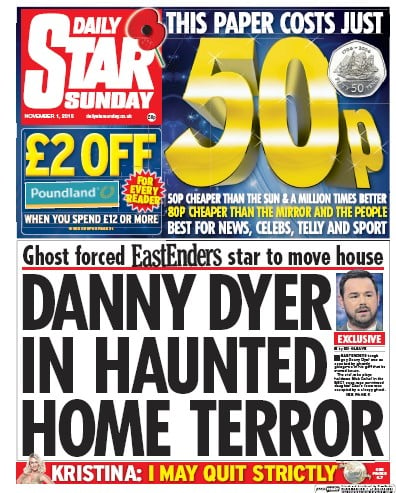 Daily Star Sunday (UK) Newspaper Front Page for 1 November 2015