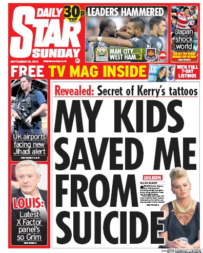 Daily Star Sunday Newspaper Front Page for 20 September 2015