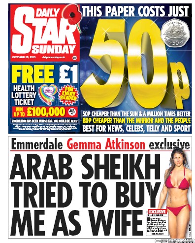Daily Star Sunday Newspaper Front Page for 25 October 2015