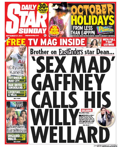 Daily Star Sunday Newspaper Front Page for 3 October 2015