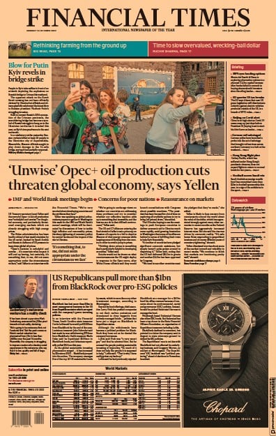 Financial Times (UK) Newspaper Front Page for 10 October 2022