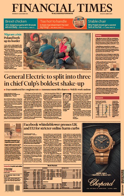 Financial Times (UK) Newspaper Front Page for 10 November 2021