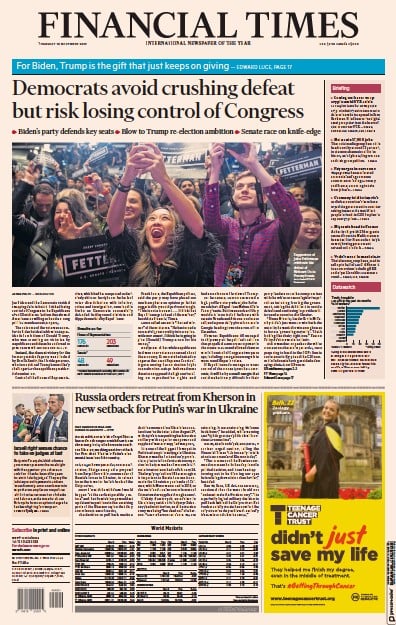 Financial Times (UK) Newspaper Front Page for 10 November 2022