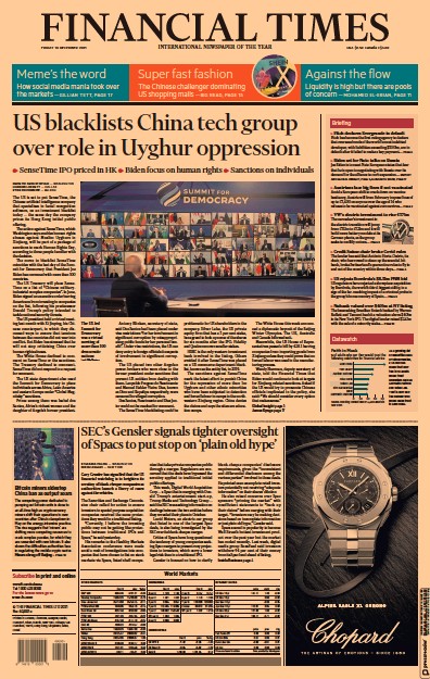 Financial Times (UK) Newspaper Front Page for 10 December 2021