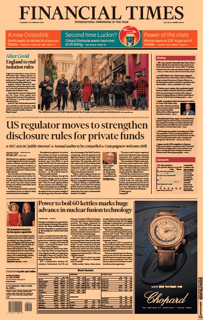 Financial Times Newspaper Front Page for 10 February 2022