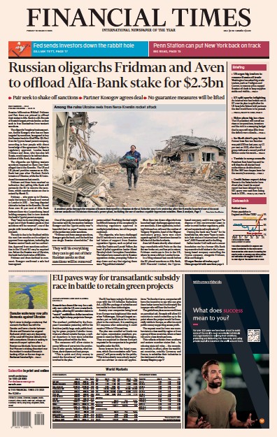 Financial Times (UK) Newspaper Front Page for 10 March 2023