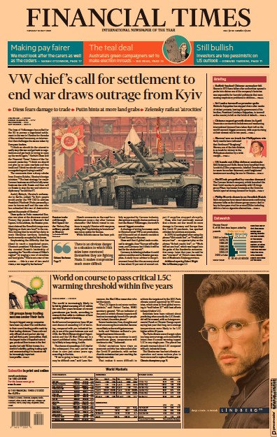 Financial Times (UK) Newspaper Front Page for 10 May 2022