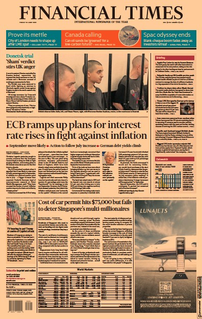 Financial Times (UK) Newspaper Front Page for 10 June 2022