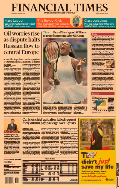 Financial Times (UK) Newspaper Front Page for 10 August 2022