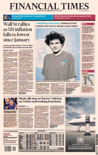 Financial Times (UK) Newspaper Front Page for 11 November 2022