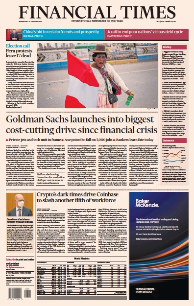 Financial Times (UK) Newspaper Front Page for 11 January 2023