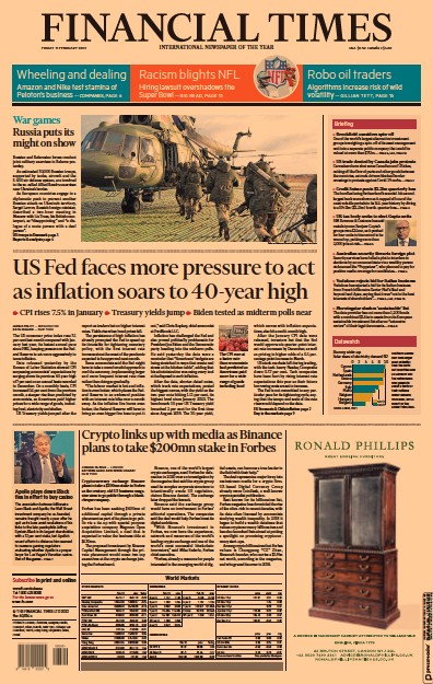 Financial Times (UK) Newspaper Front Page for 11 February 2022