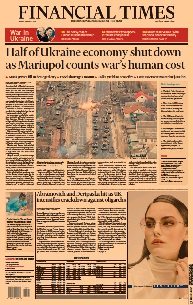 Financial Times (UK) Newspaper Front Page for 11 March 2022