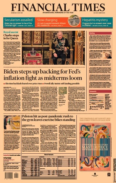 Financial Times (UK) Newspaper Front Page for 11 May 2022