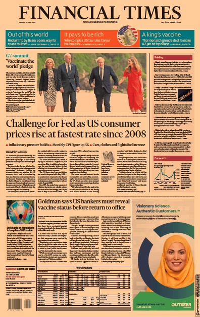 Financial Times (UK) Newspaper Front Page for 11 June 2021