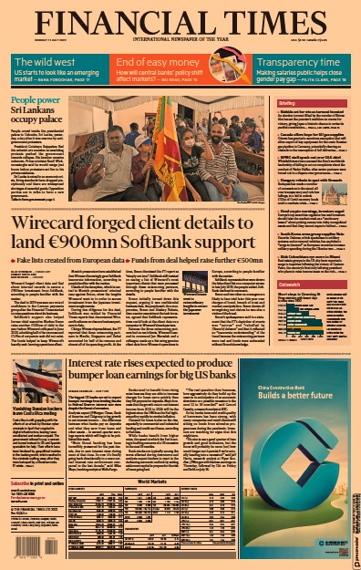 Financial Times Newspaper Front Page for 11 July 2022