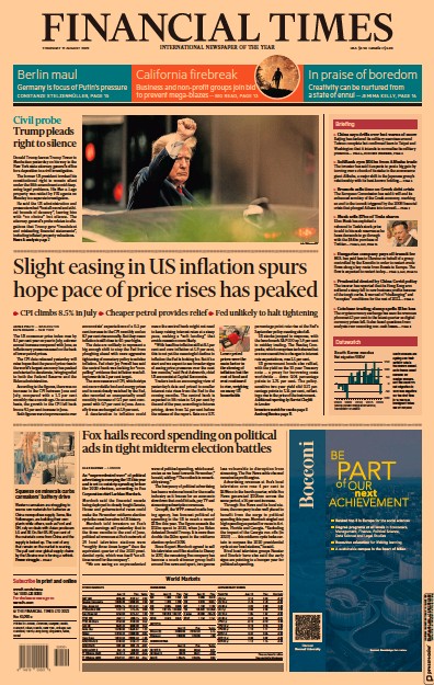 Financial Times (UK) Newspaper Front Page for 11 August 2022