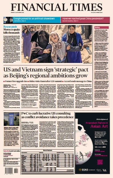 Financial Times (UK) Newspaper Front Page for 11 September 2023