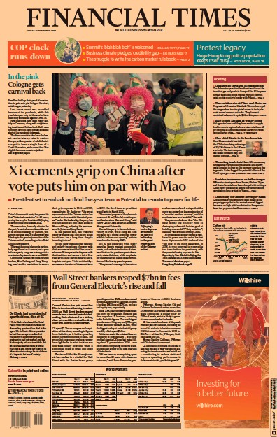 Financial Times (UK) Newspaper Front Page for 12 November 2021