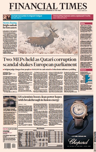 Financial Times (UK) Newspaper Front Page for 12 December 2022