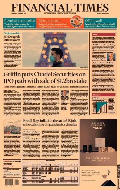 Financial Times (UK) Newspaper Front Page for 12 January 2022