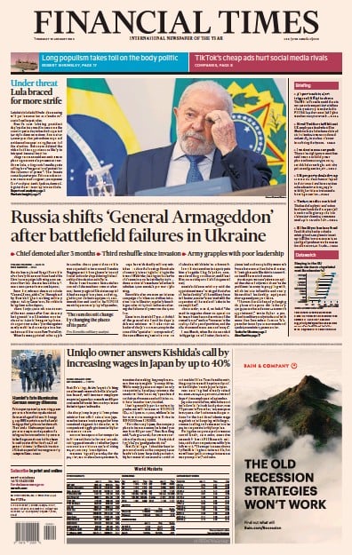 Financial Times (UK) Newspaper Front Page for 12 January 2023